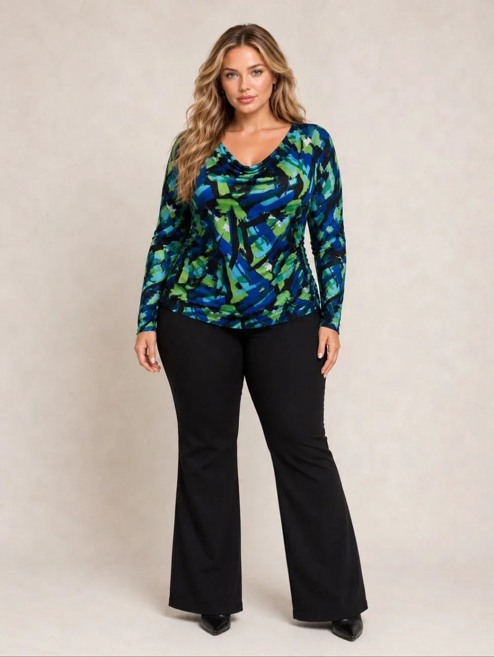 Bianca Nygård Abstract Print Cowl Neck Stretch Top Size 16 Blue Green Black Long - Picture 2 of 8